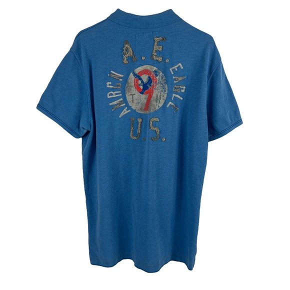 Vintage American Eagle Outfitters Light Blue Vintage Fit Patch Prep Polo Men XL - Picture 11 of 12